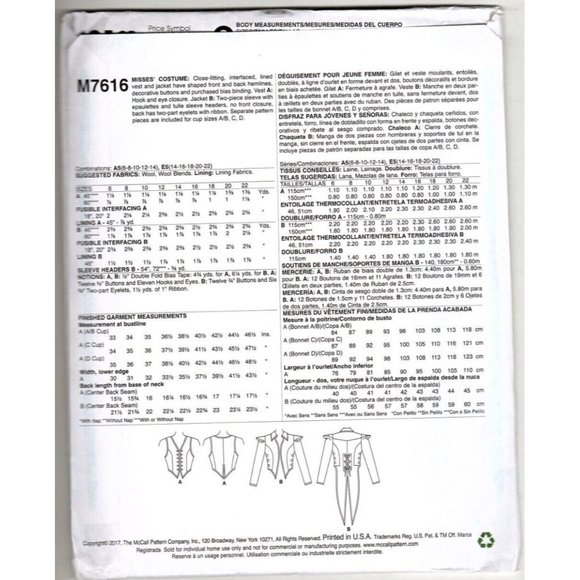 McCalls M7616 Misses Goth Steampunk Lined Jacket Sewing Pattern New 14 - 22 - Picture 2 of 2